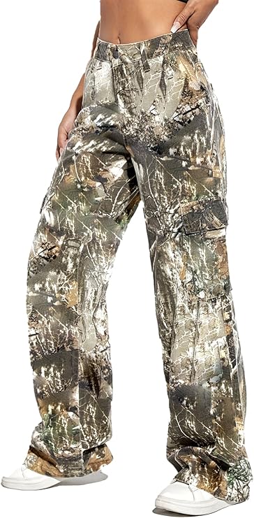 Stacific Camouflage Cargo Pants Baggy Straight Wide Leg Trousers Jeans with Pockets